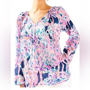 Lilly Pulitzer Women's Willa Top Multicolor Swirl V-Neck Blouse Pink,Navy & Aqua